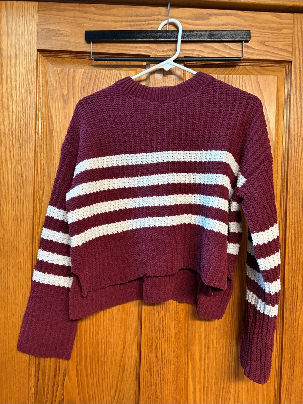 Pink Rose Maroon and White Striped Crewneck Sweater